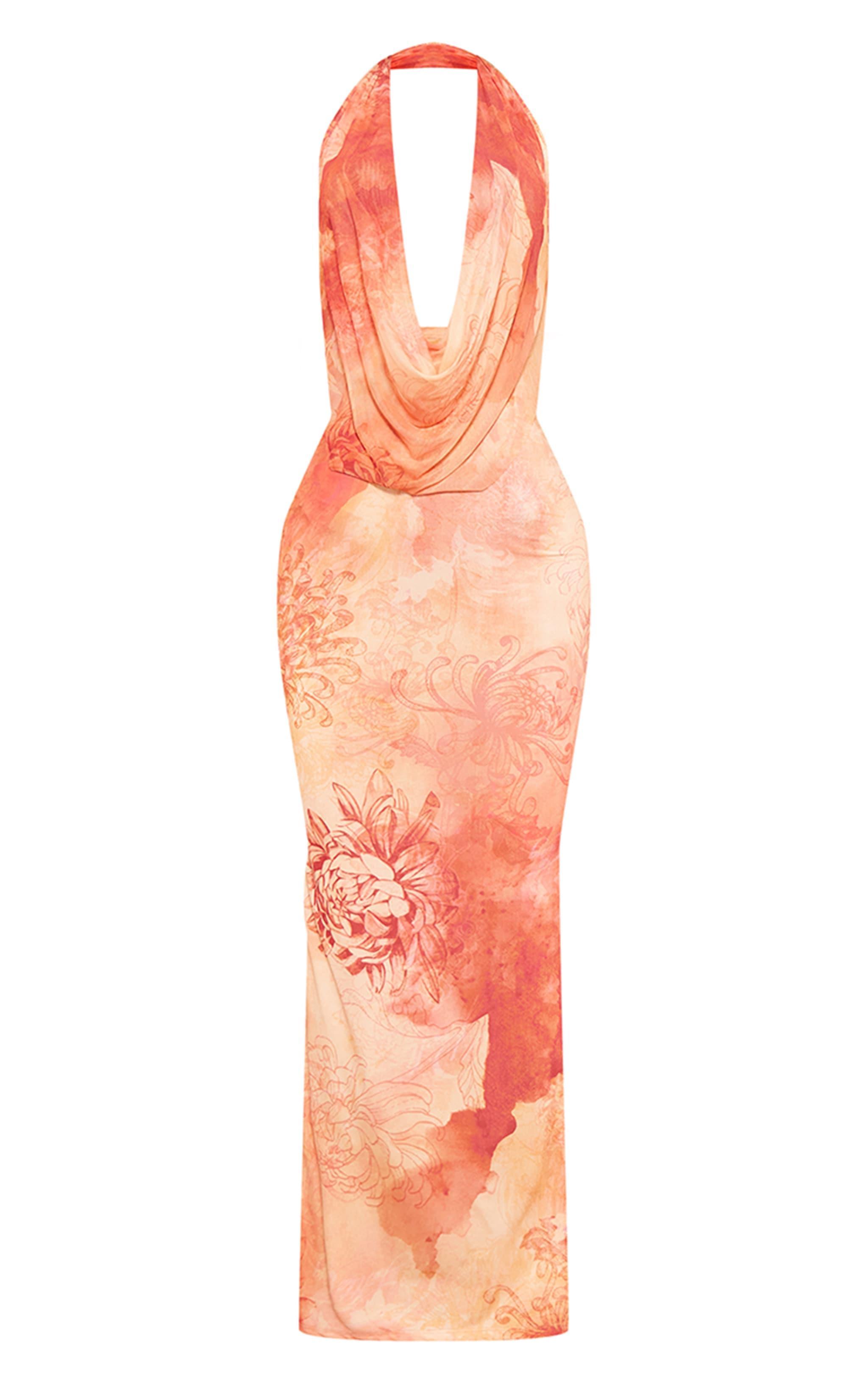 Peach Blurred Mesh Extreme Cowl Neck Maxi Dress Product Image