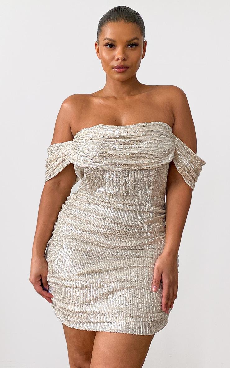 Plus Cream Sequin Bardot Bodycon Dress product image