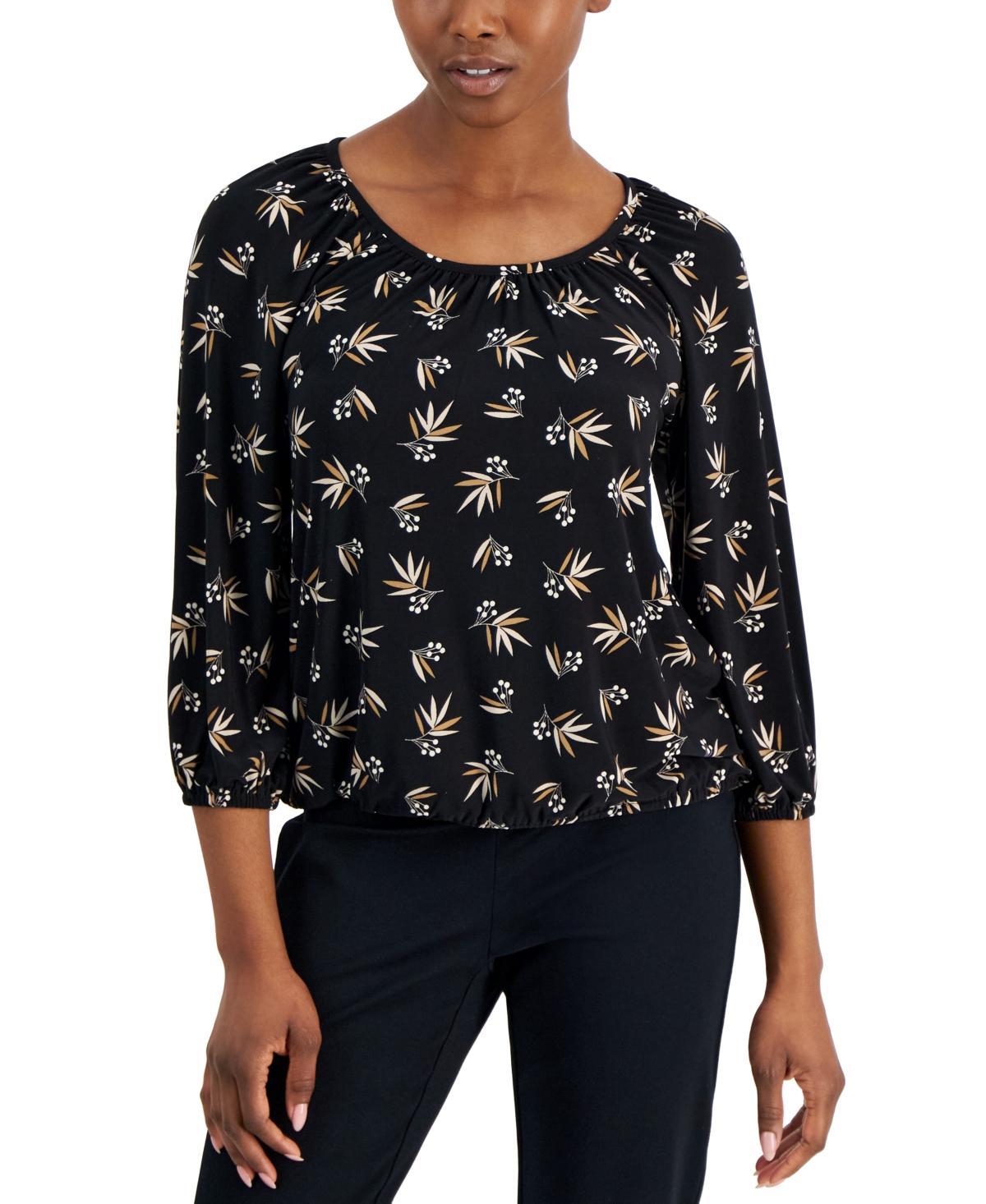 Ak Anne Klein Petite Printed Shirred 3/4-Sleeve Top - Anne Black Product Image