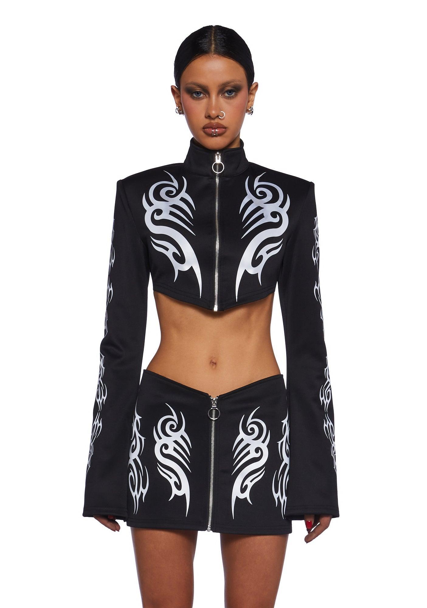 Club Exx Reflective Tribal Zip Up Crop Top Rave - Black Product Image