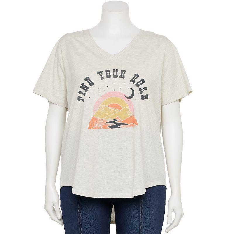 Womens Plus Size Find Your Road V-Neck Graphic Tee, Girls Oatmeal Grey Product Image