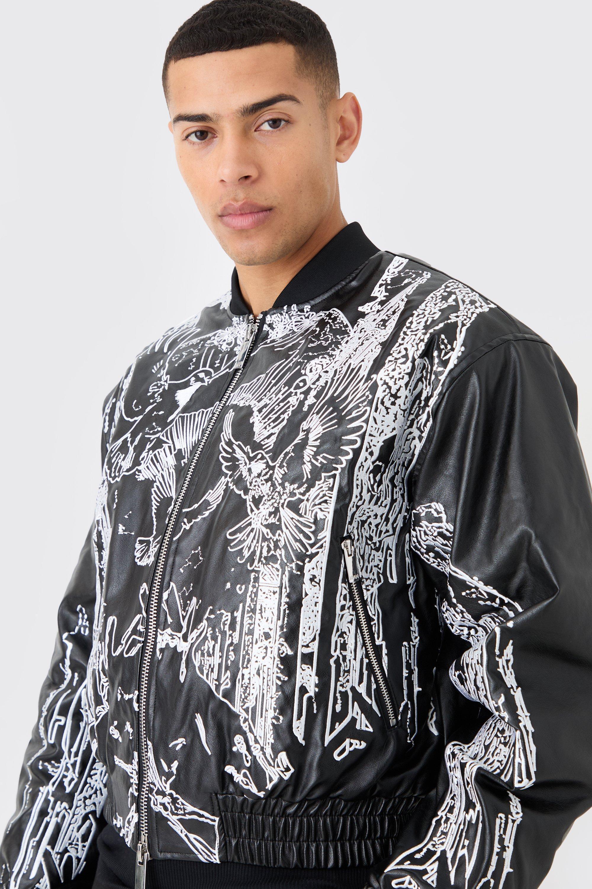 Mens Black Boxy Embroidered Bomber, Black Product Image