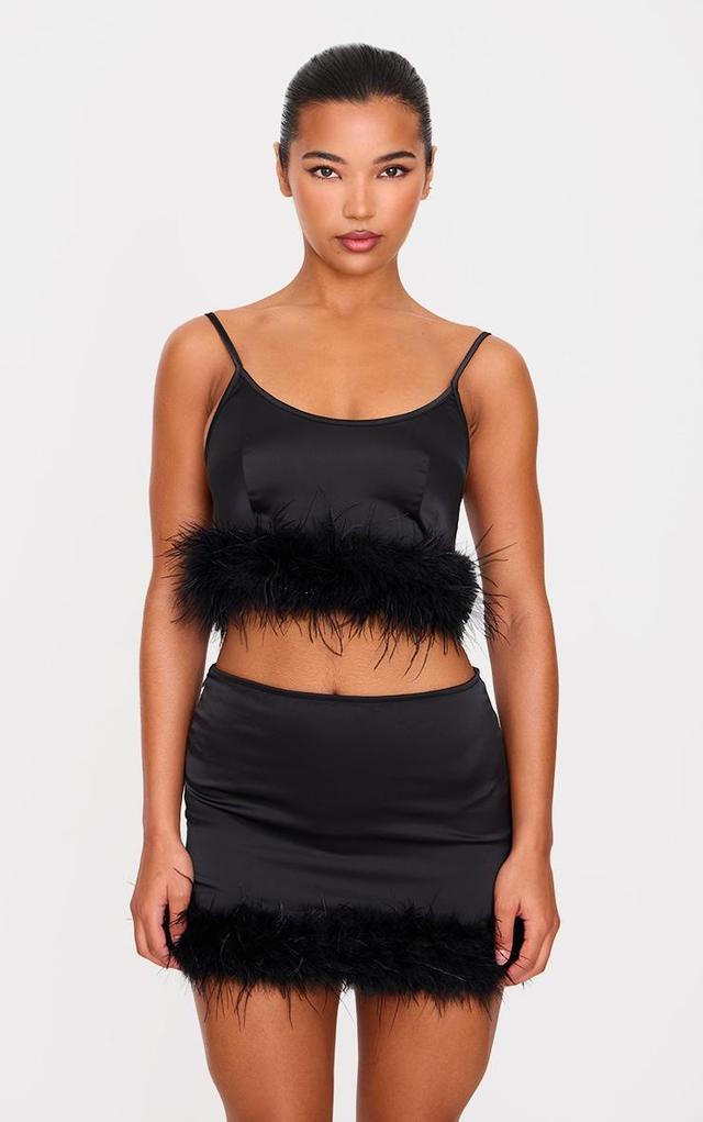 Black Textured Satin Feather Trim Strappy Top Product Image