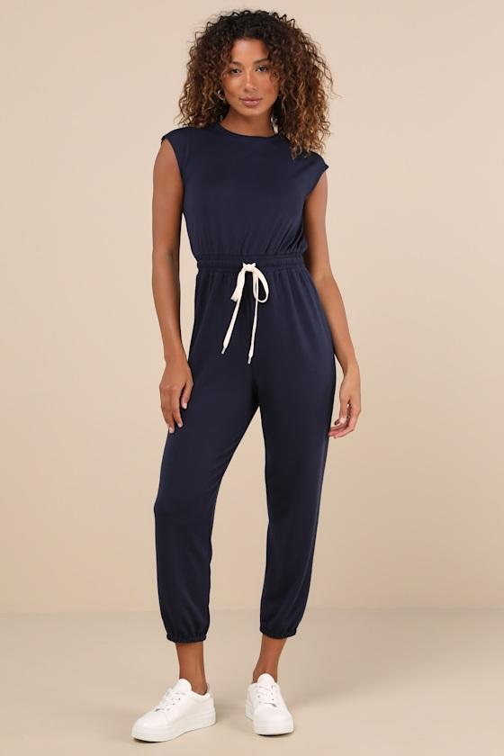 Comfy Passion Navy Short Sleeve Drawstring Lounge Jumpsuit Product Image