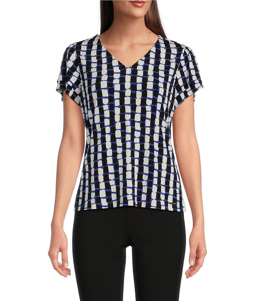 Calvin Klein Petite Size Knit Geometric Print V-Neck Short Double Tier Sleeve Top product image