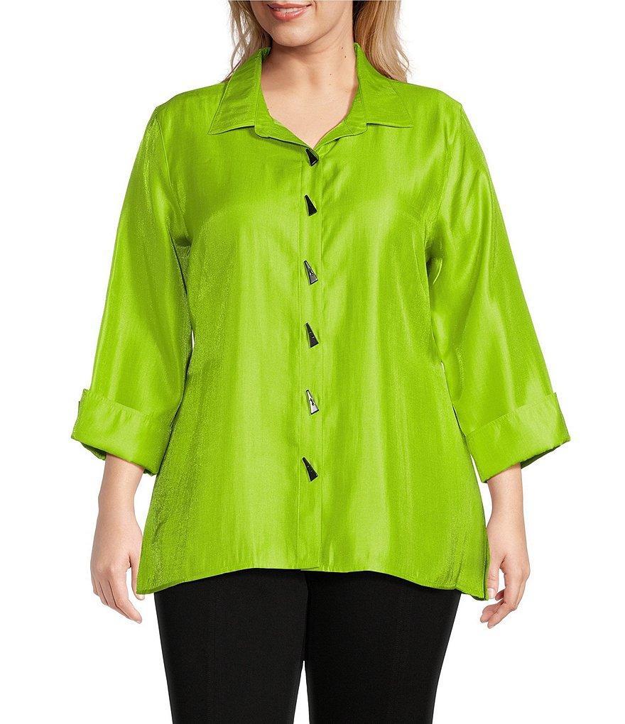 Multiples Plus Size Shimmer Woven Point Collar Turn Up Cuff 3/4 Sleeve High-Low Button-Front Shirt Product Image