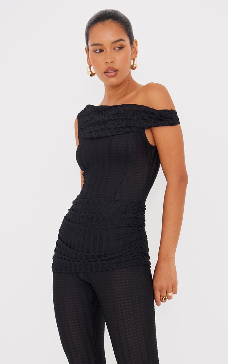 Black Textured Asymmetric Corset Detail Jumpsuit Product Image