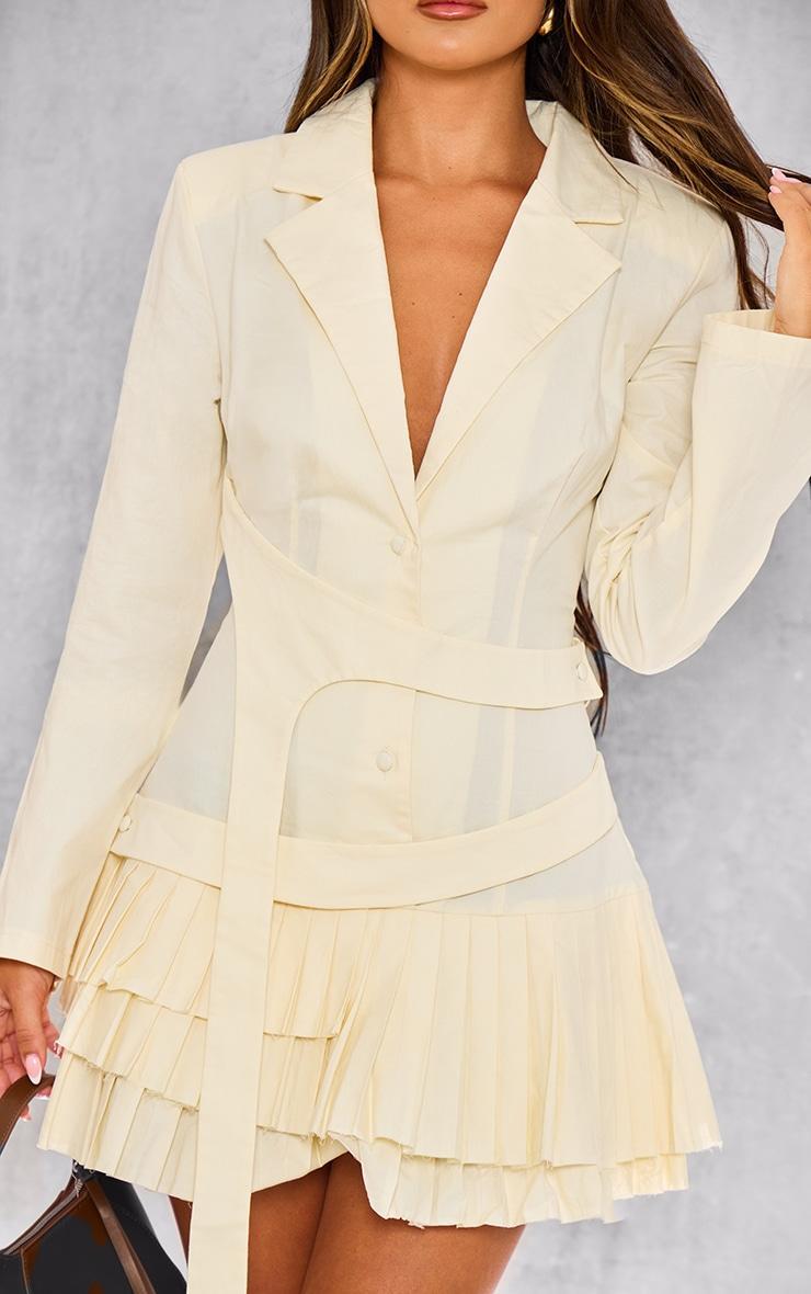 Butter Cream Tailored Woven Pleated Belt Blazer Dress Product Image