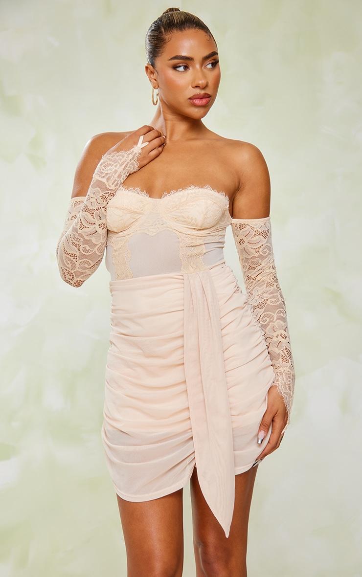 Nude Lace Underwired Bardot Drape Bodycon Dress Product Image