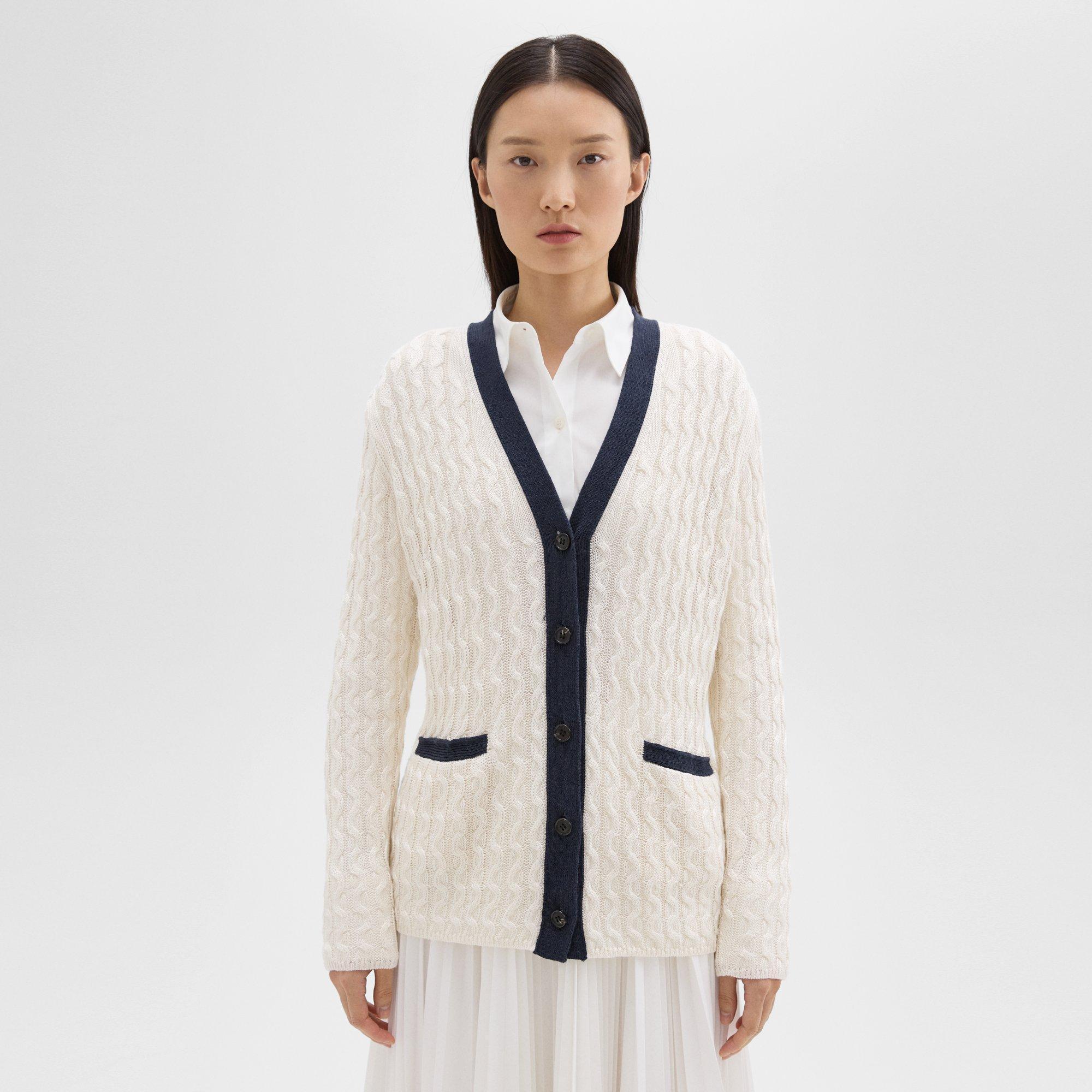 Cable Knit Linen Crewneck Cardigan | Theory Product Image