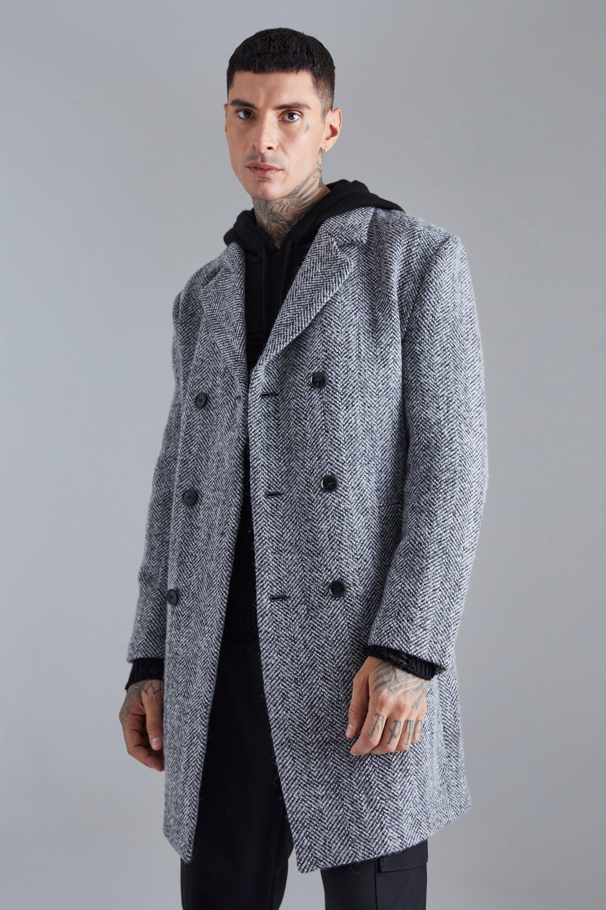 Wool Blend Herringbone Overcoat | boohooMAN USA Product Image