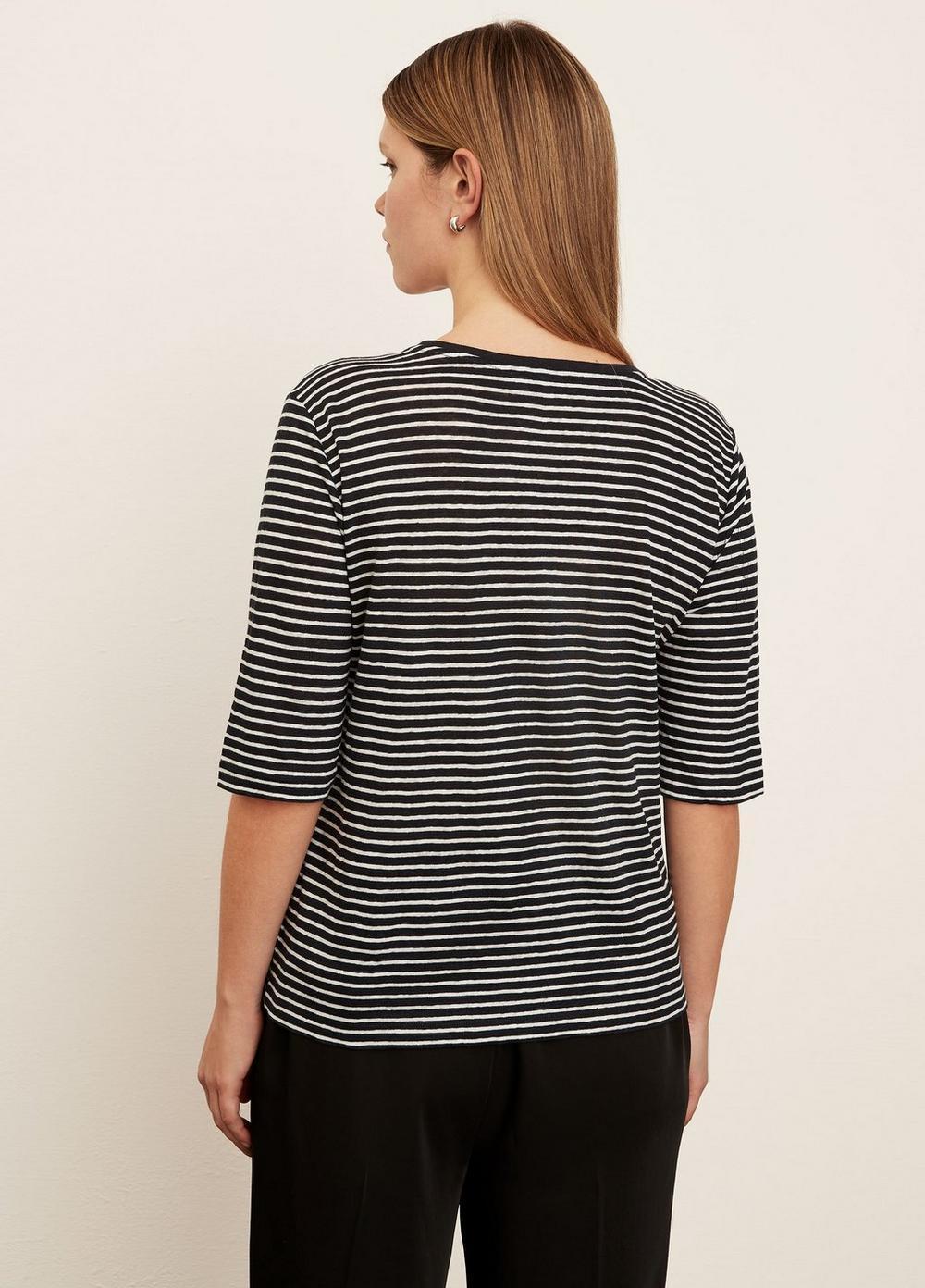 Striped Linen Elbow Sleeve Crew Neck T-Shirt Product Image