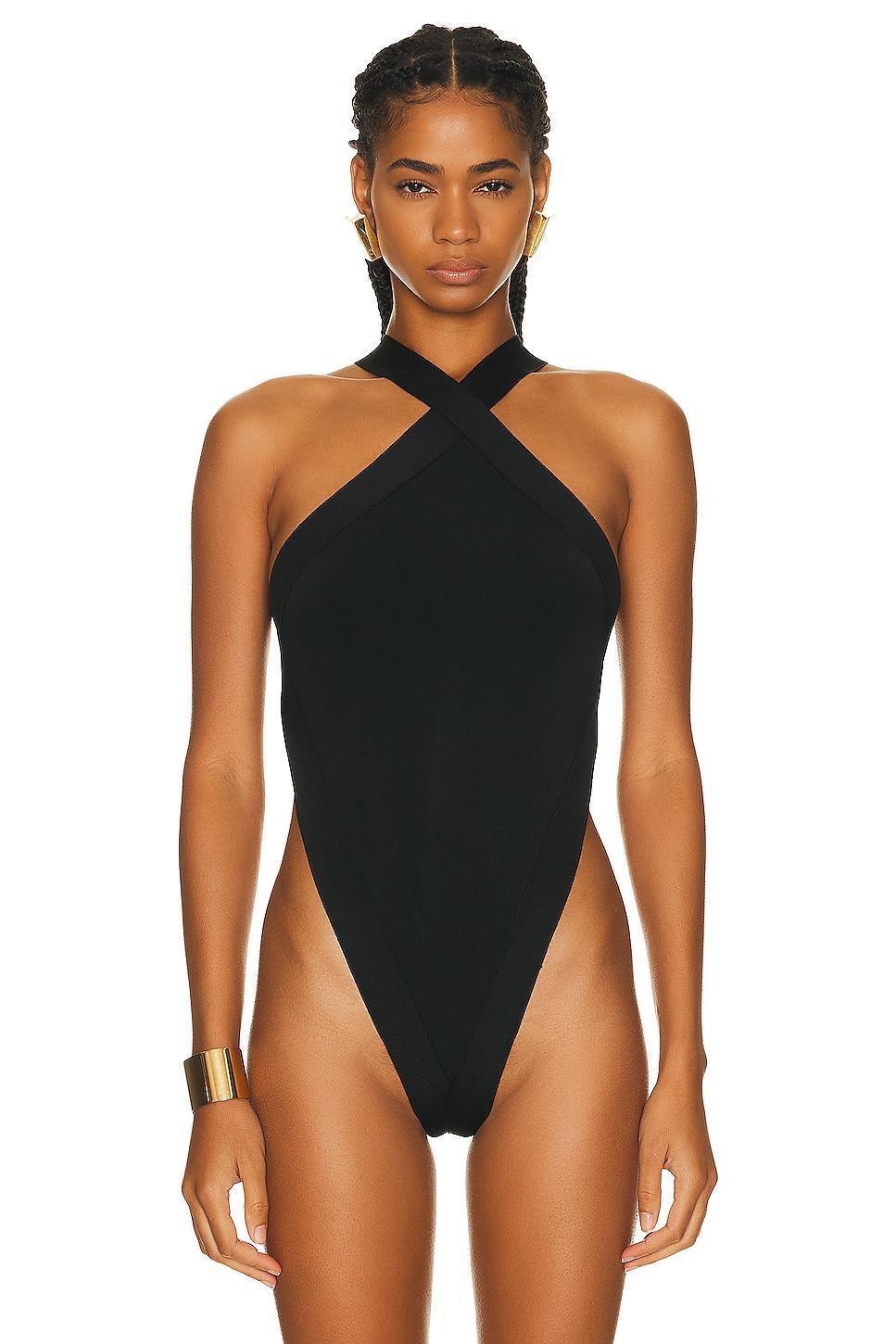 Saint Laurent Crossneck Bodysuit Top in Black Product Image