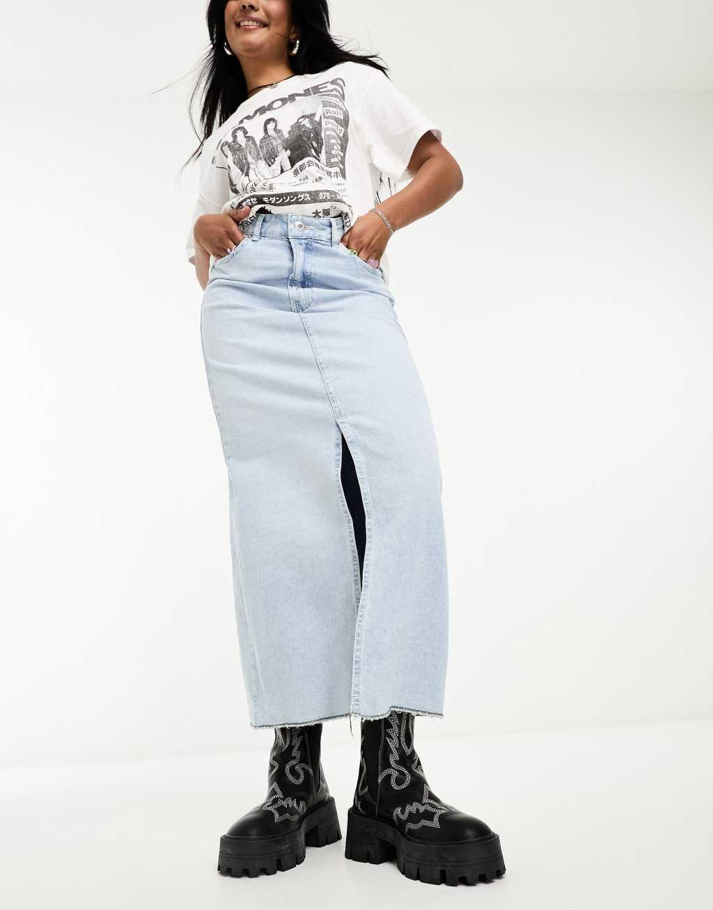 Bershka raw hem split hem denim midi skirt in light blue product image