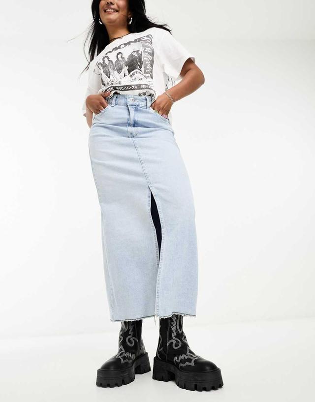 Bershka raw hem split hem denim midi skirt in light blue Product Image