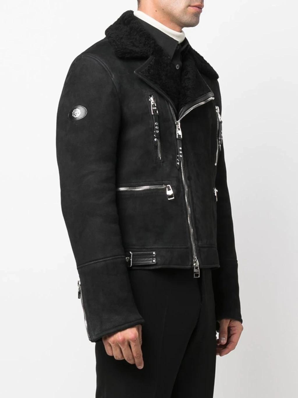 Logo-patch Shearling Biker Jacket In Black Product Image