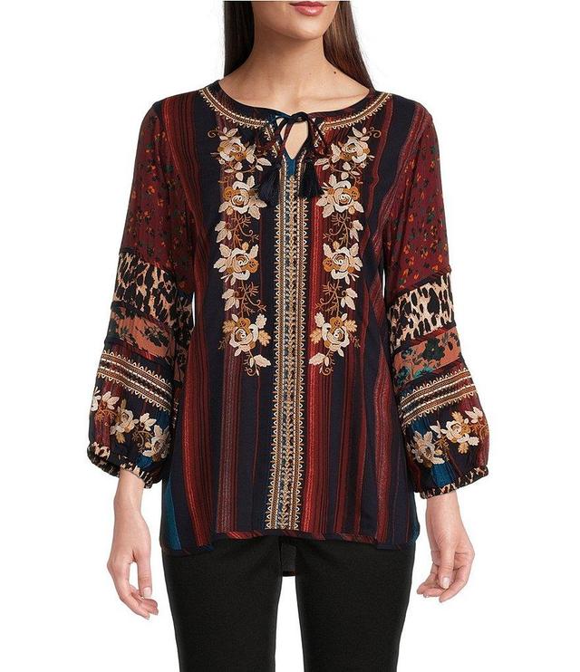 John Mark Mix Print Embroidered Stripe Y-Neck 3/4 Bubble Sleeve Tassel Tie Tunic Product Image