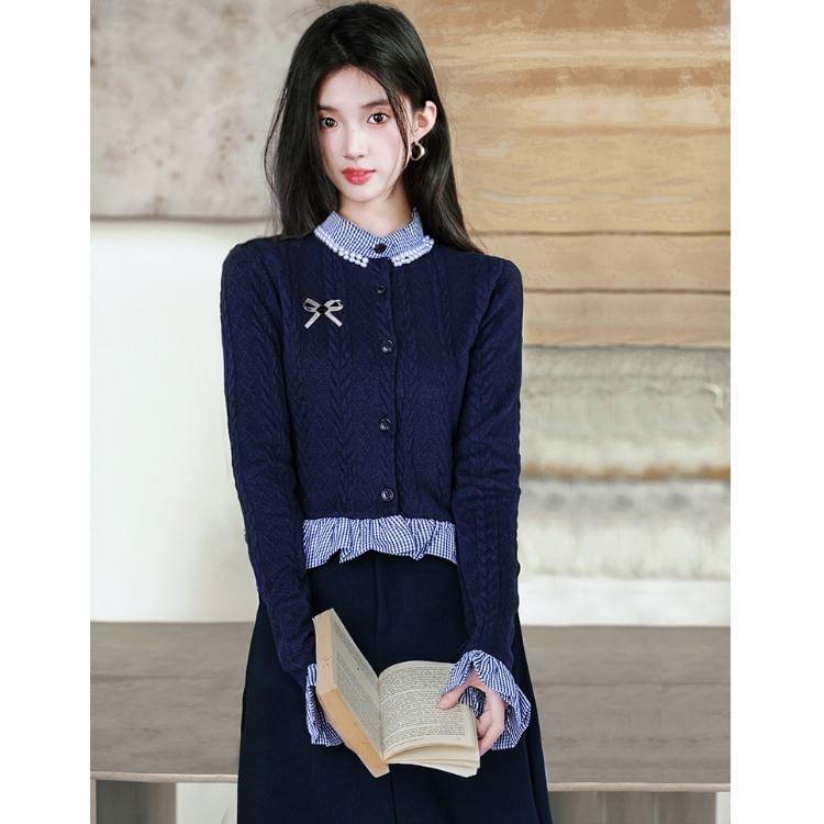 Mock Two-Piece Long-Sleeve Plaid Panel Button Knit Top / High Waist Plain Midi A-Line Skirt / Brooch / Set Product Image