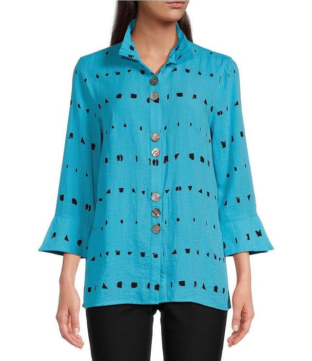 Ali Miles Woven Ikat Stripe Dot Print Banded Wire Collar 3/4 Sleeve Button Front Tunic Product Image