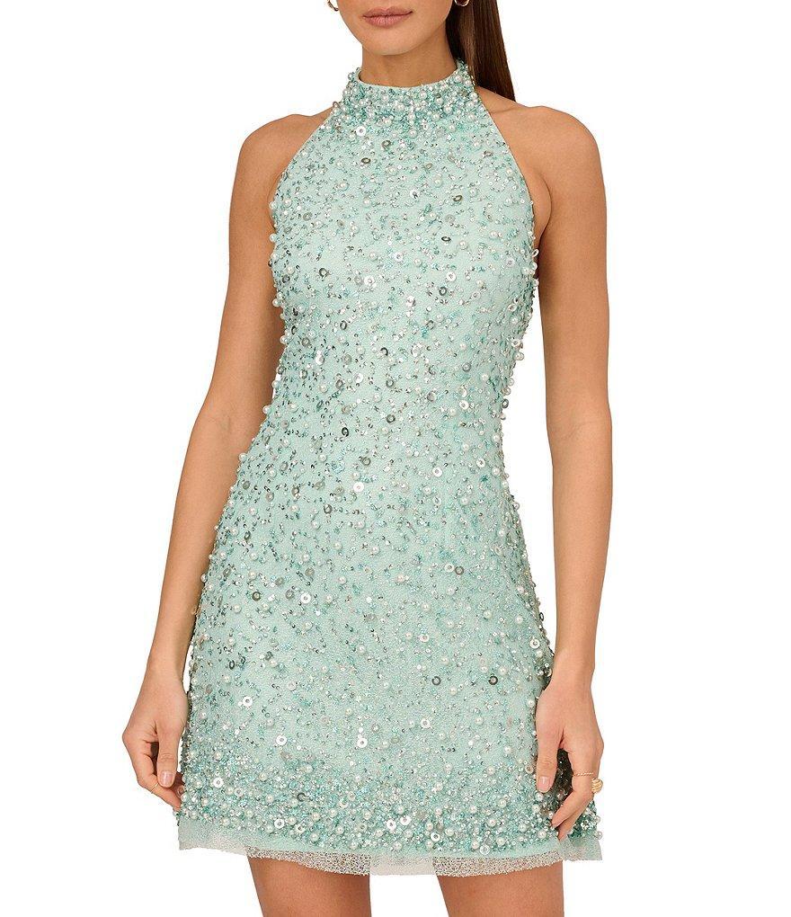 Adrianna by Adrianna Papell Beaded Mesh Halter Mock Neck Sleeveless Open Back Mini Dress Product Image