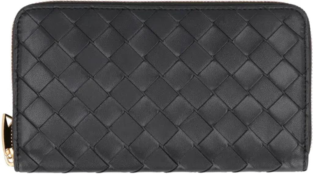 BOTTEGA VENETA Black Leather Zip-around Wallet For Women Product Image