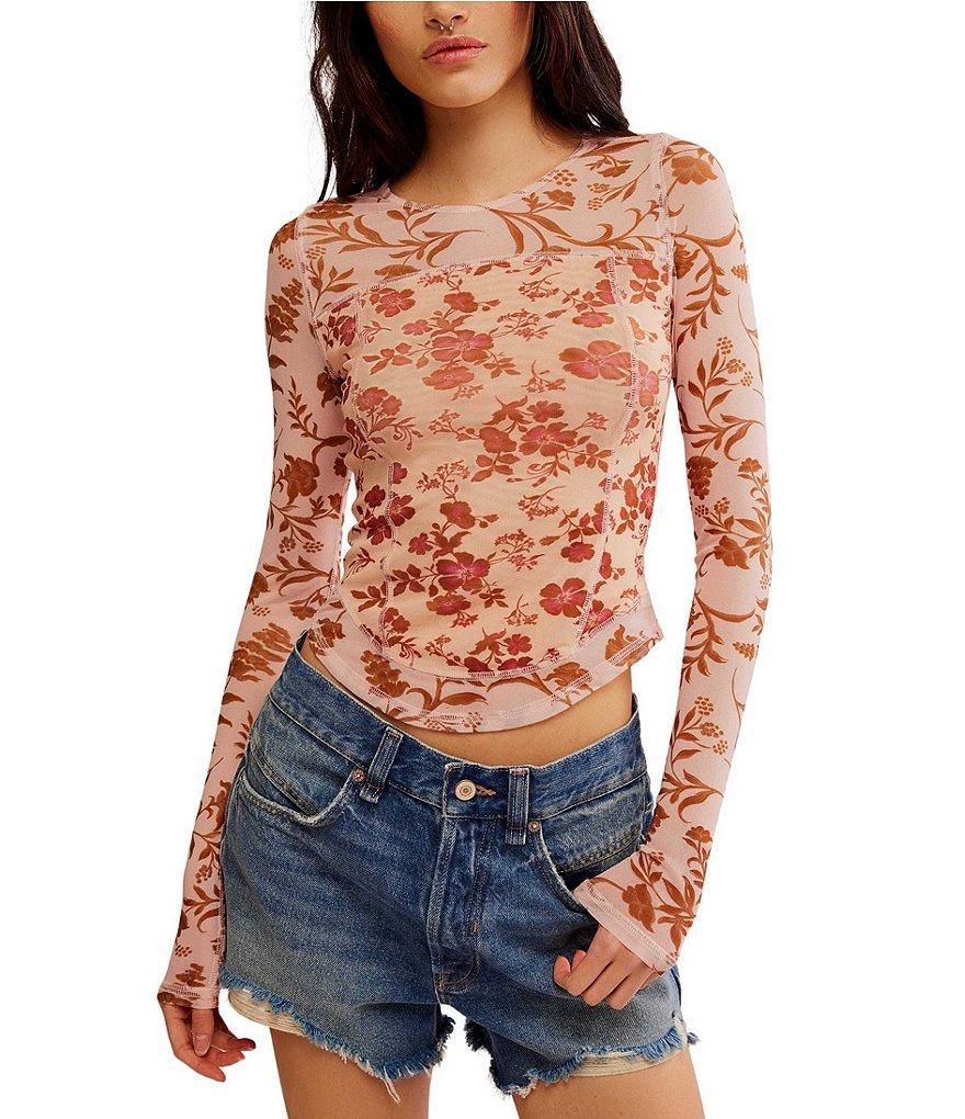 Free People Betty's Garden Floral Mesh Scoop Neck Long Sleeve Shirt Product Image