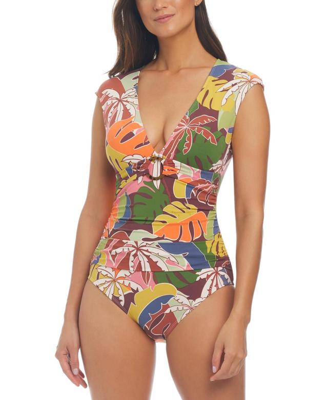 Bleu by Rod Beattie Womens Tropical-Print Cap-Sleeve Swimsuit Product Image