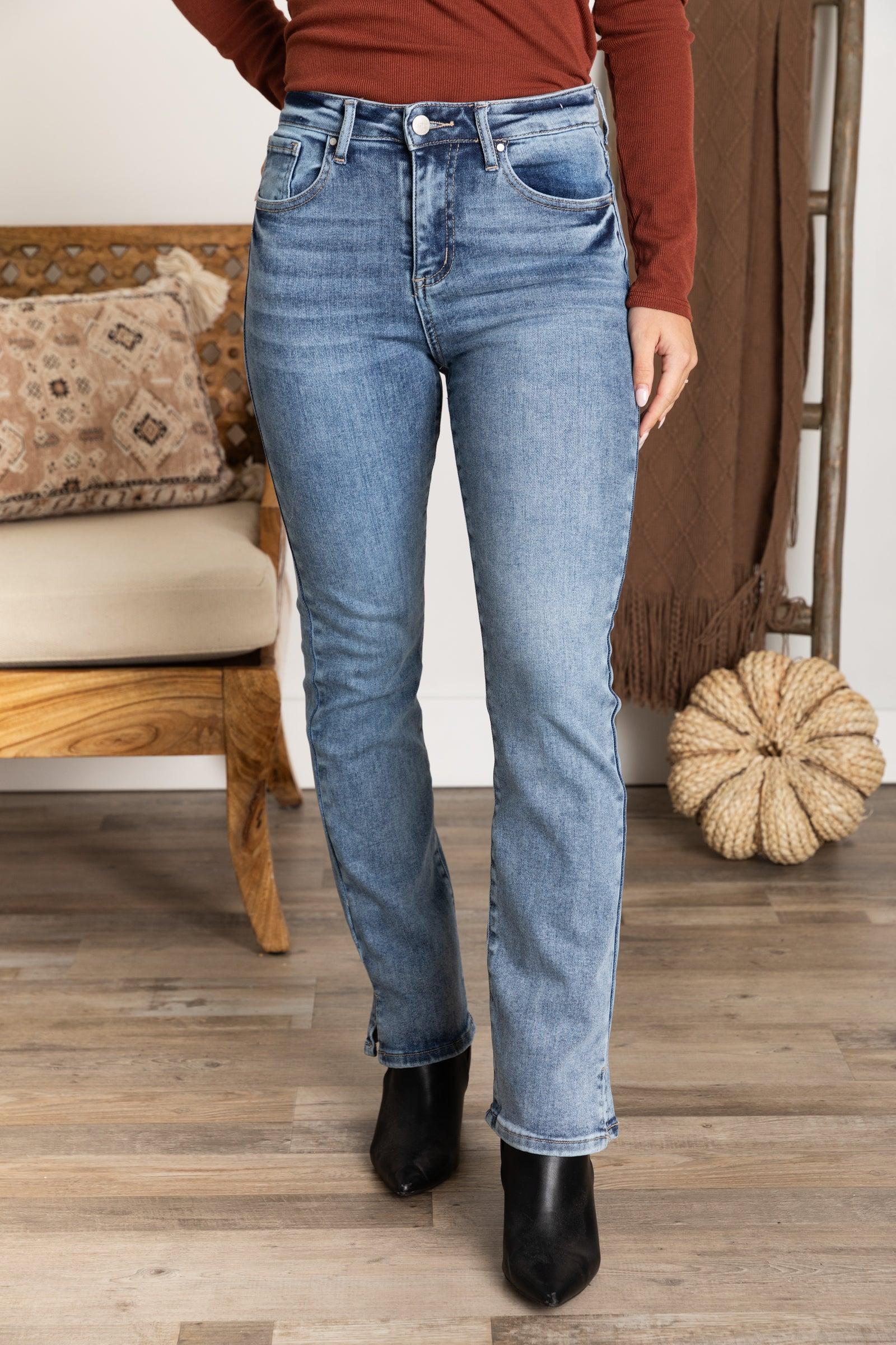 Risen High Rise Straight Jeans With Hem Slit Product Image