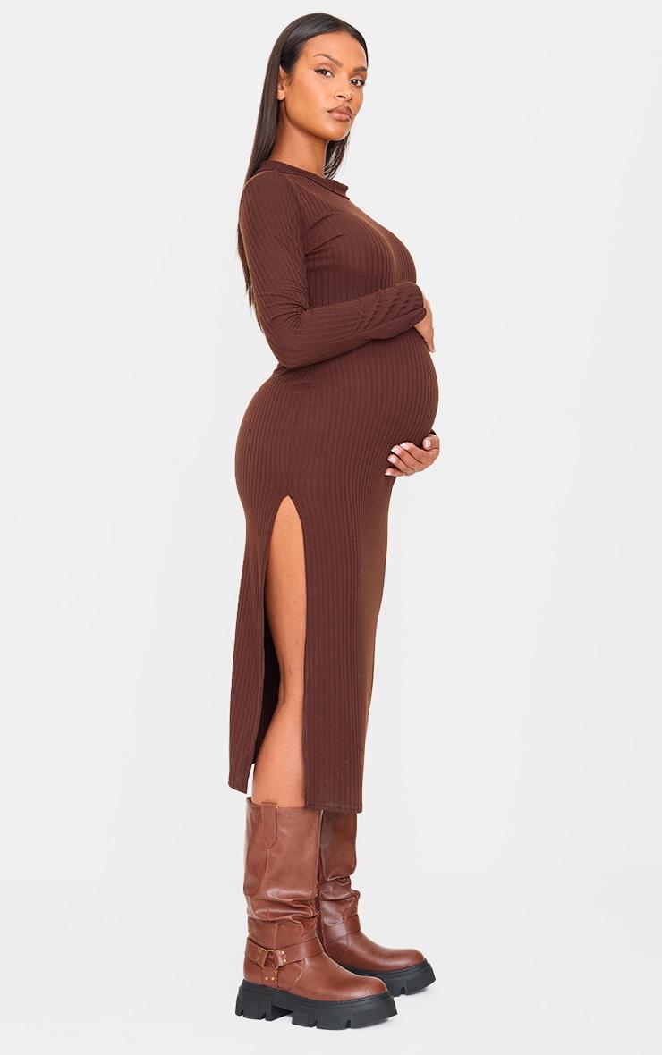 Maternity Dark Chocolate Ribbed Long Sleeve Midi Dress Product Image