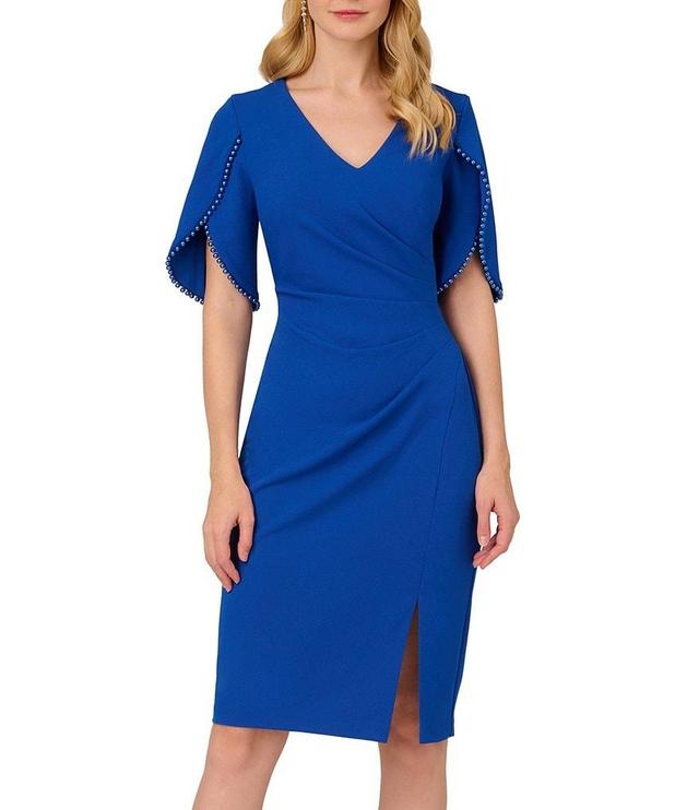 Adrianna Papell Knit Crepe Pearl Trim Short Tulip Sleeve V-Neck Front Slit Sheath Dress Product Image