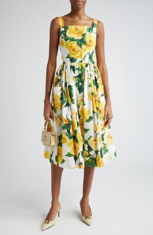 Dolce & Gabbana Rose Print Pleated Cotton Midi Dress Product Image