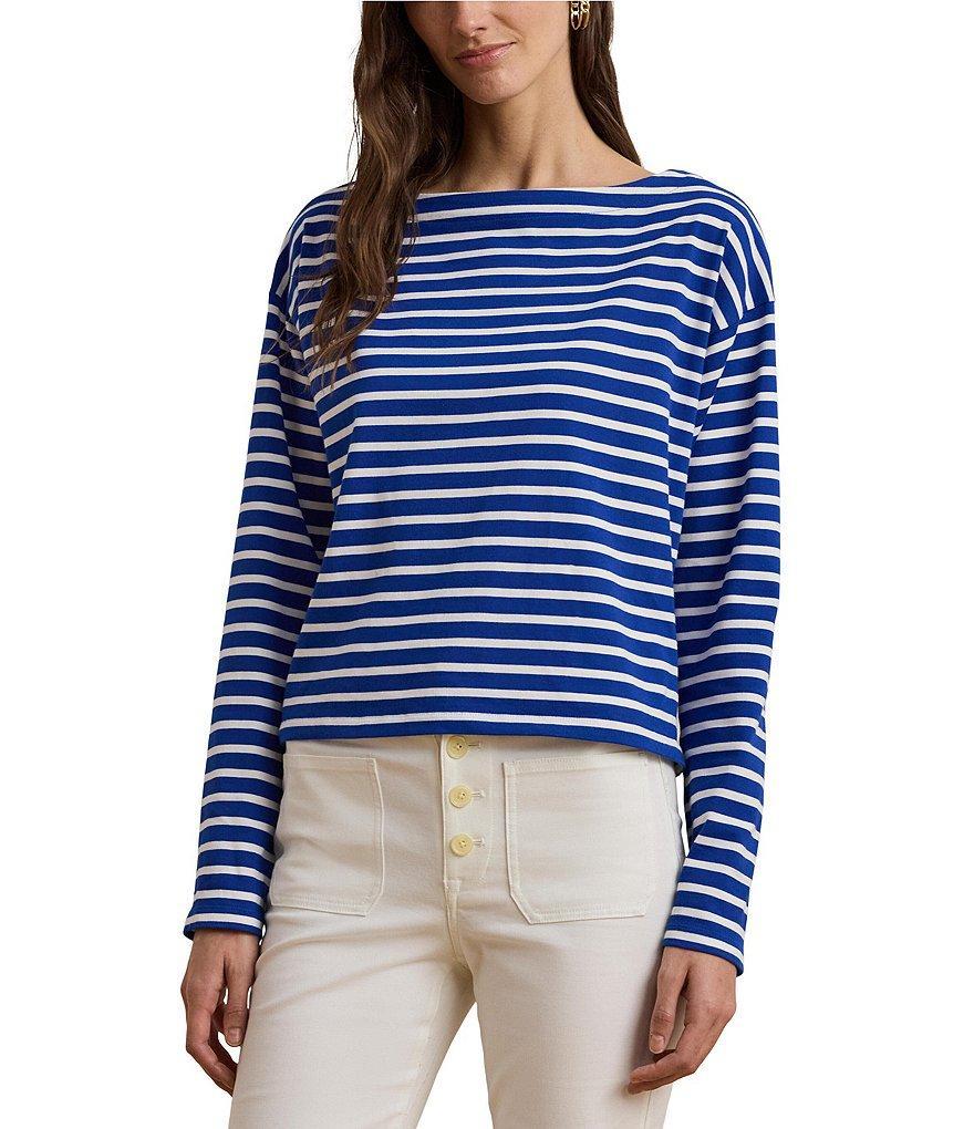 Lauren Ralph Lauren Cotton Jersey Stripe Boat Neck Long Sleeve Top Product Image