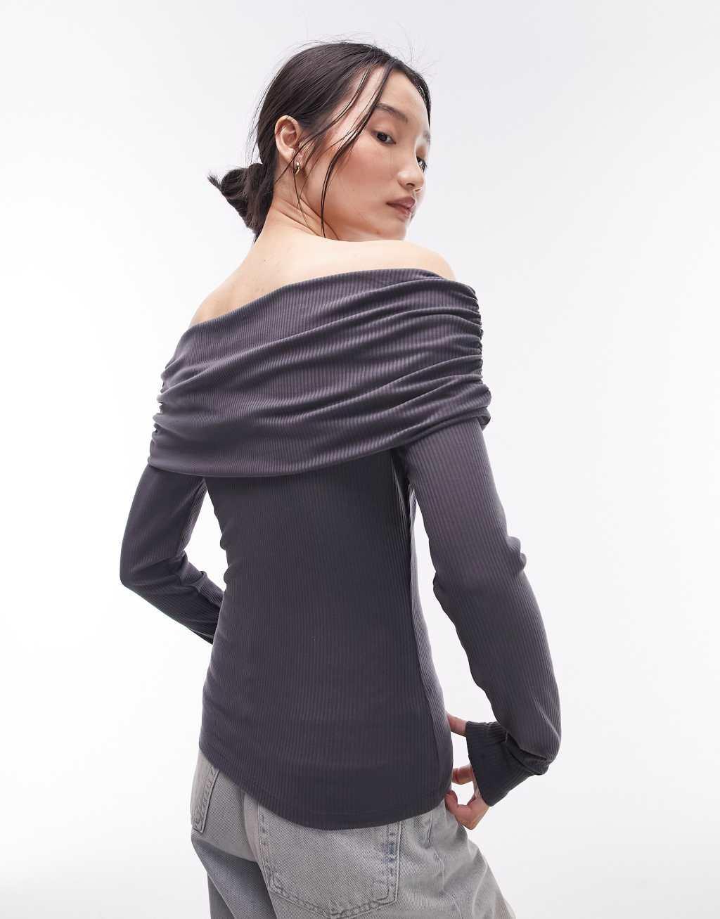 Topshop long sleeve bardot top in slate Product Image