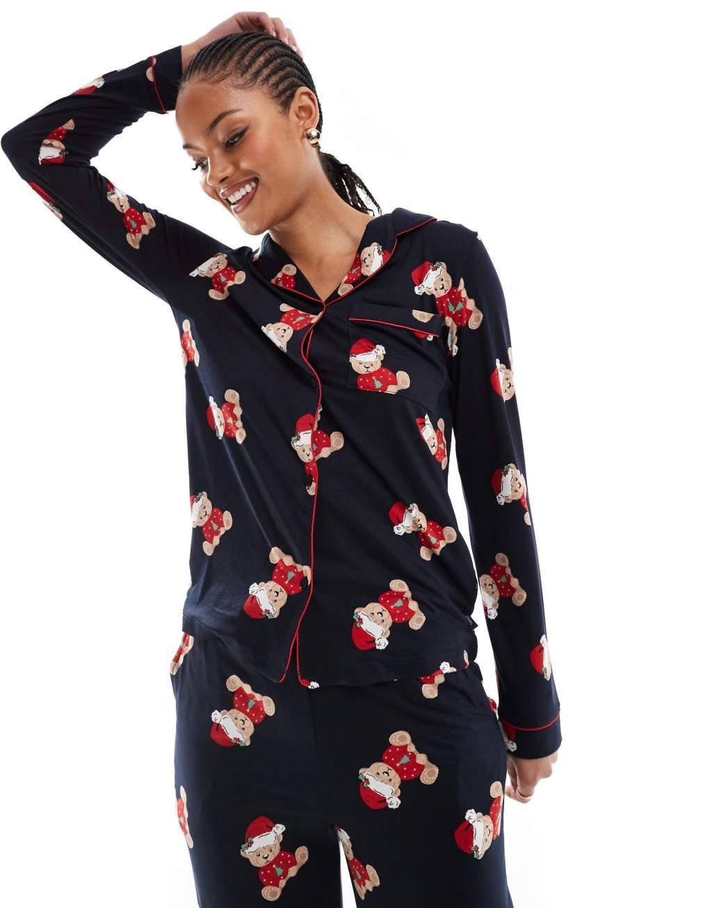 Chelsea Peers Exclusive Tall Christmas teddy print long sleeve camp collar shirt and pants pajama set in navy Product Image