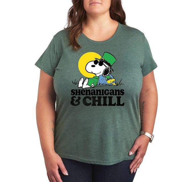 Plus Peanuts Snoopy & Woodstock Shenanigans Chill Graphic Tee, Womens Grey Green Product Image