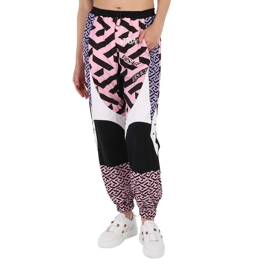 VERSACE Greca Embroidered Paneled Track Pants Woman Pants Black Size 4 Polyamide In Pink/white/black Product Image