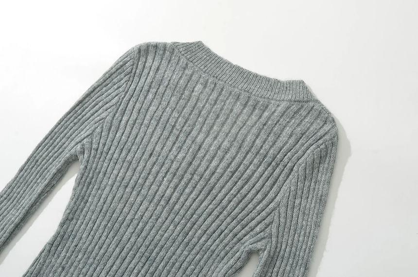 V-Neck Plain Ribbed Knitted Sweater Product Image