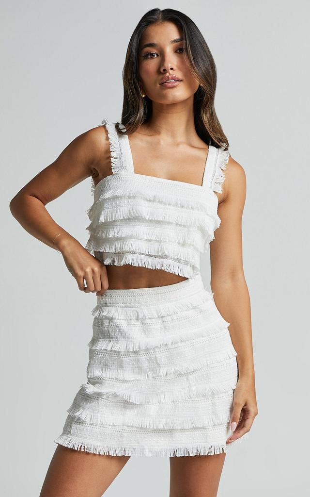 Lylah Two Piece Set - Fringe Crop Top and Mini Skirt Set in Ivory Product Image