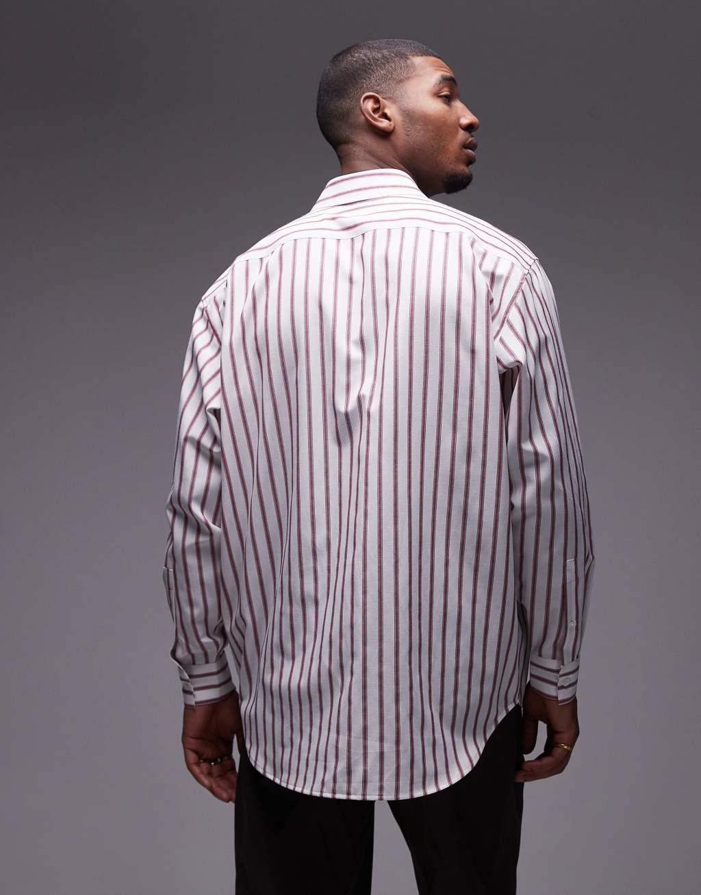 Topman long sleeve oversized striped shirt in brick red Product Image