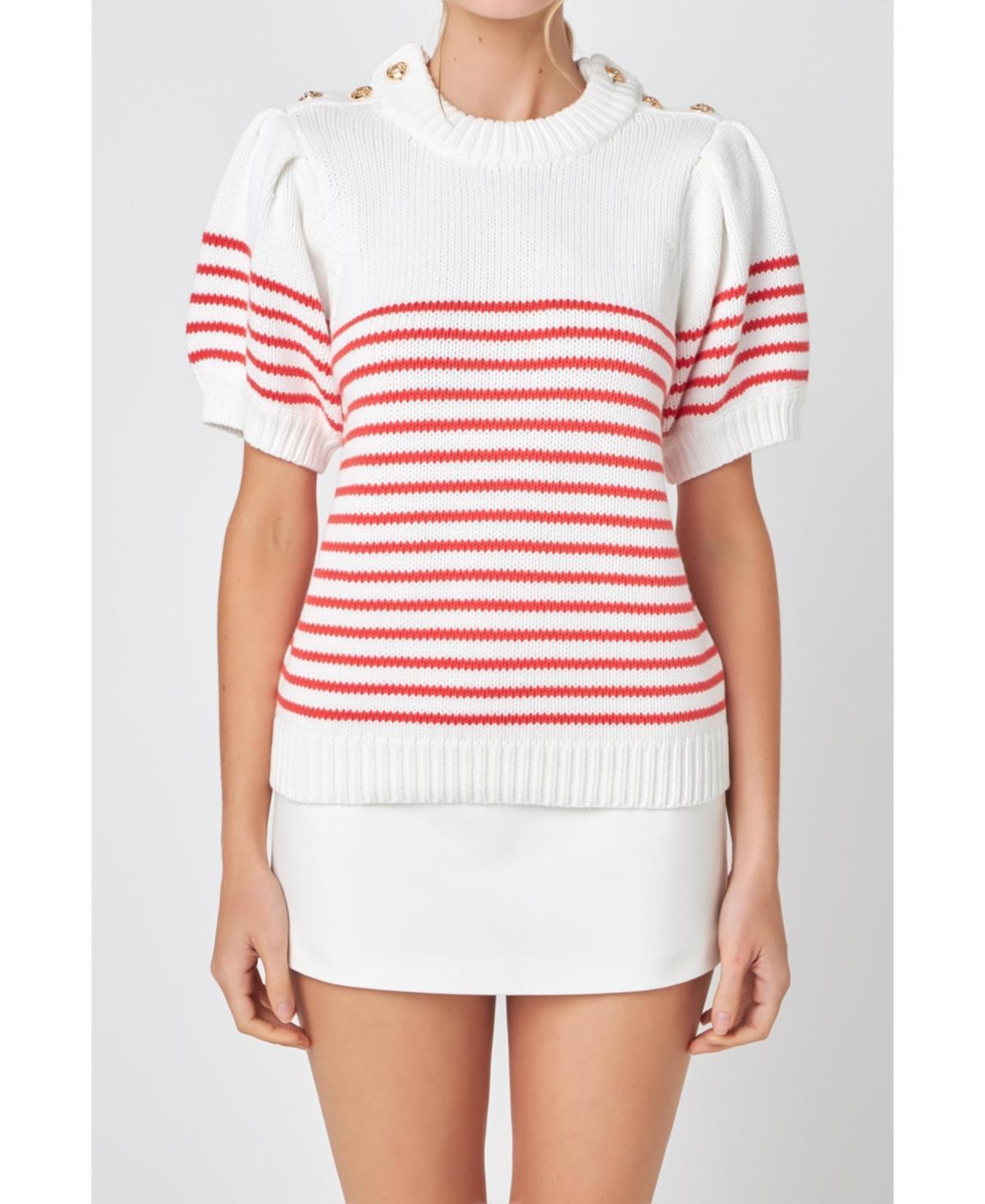 English Factory Striped Short Puff Sleeve Sweater with Buttons (White Women's Clothing Product Image