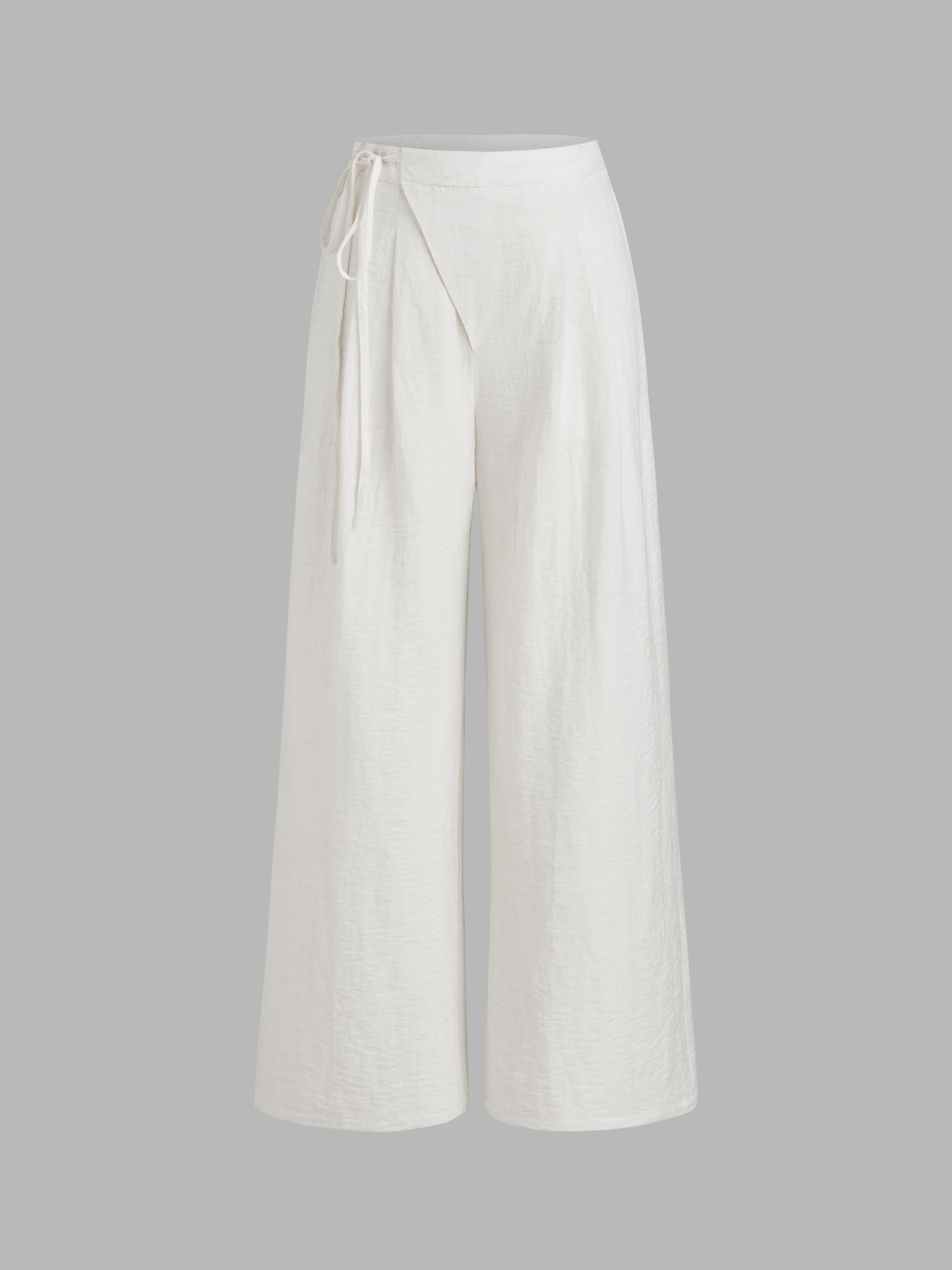 Linen-blend Mid Rise Solid Knotted Pocket Wide Leg Trousers  product image