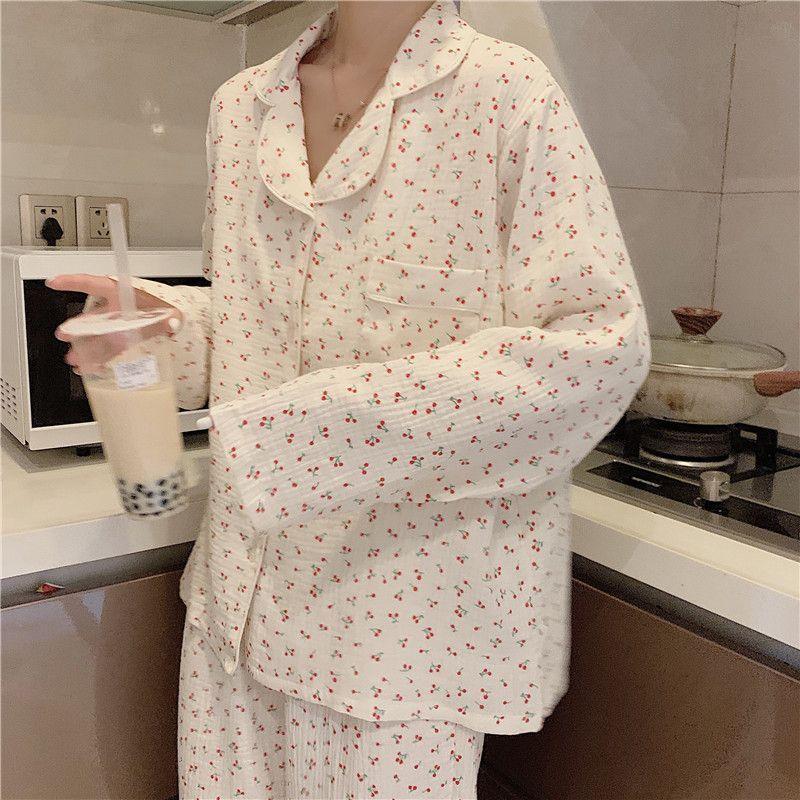 Pajama Set: Cherry Print Long-Sleeve Top + Pants Product Image