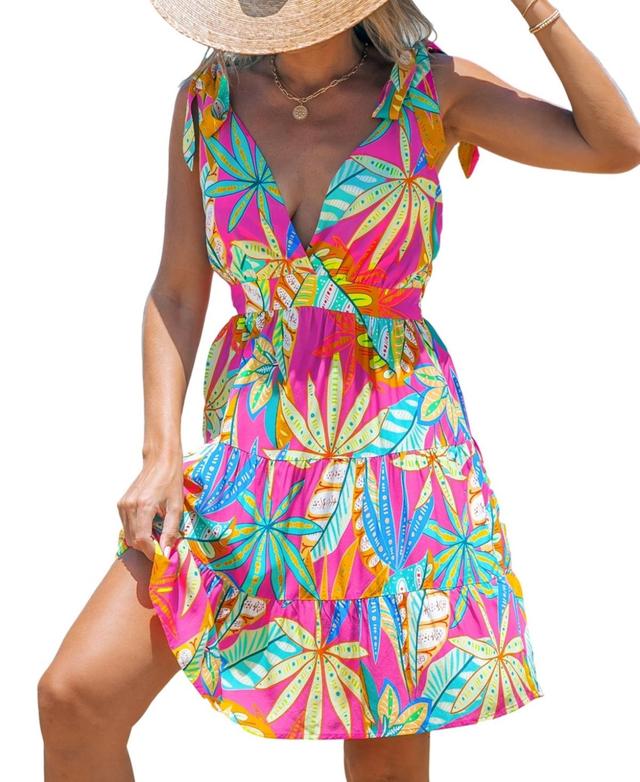 Women's Tropical Print Knotted Strap Mini Beach Dress Product Image