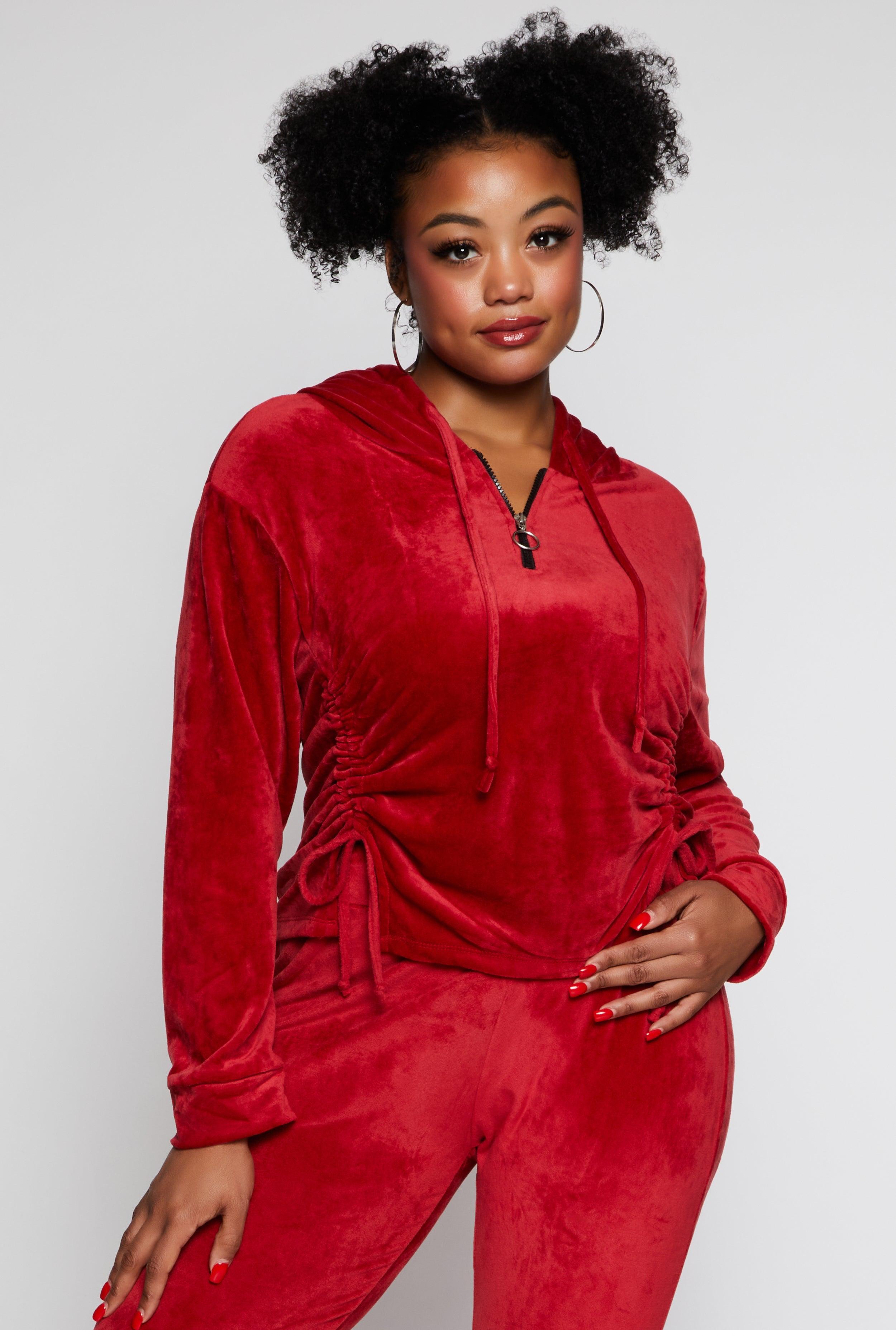 Womens Plus Size Velour Ruched Half Zip Hoodie Product Image