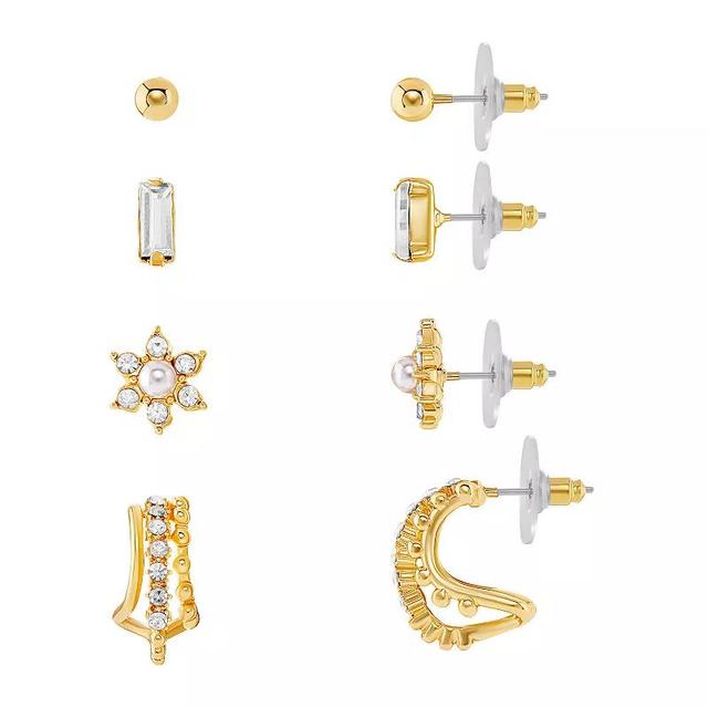 Emberly Gold Tone Crystal & Simulated Pearl Stud & Multi-Row C-Hoop Earrings 4-Pack Set, Womens, Yellow Gold Tone Product Image