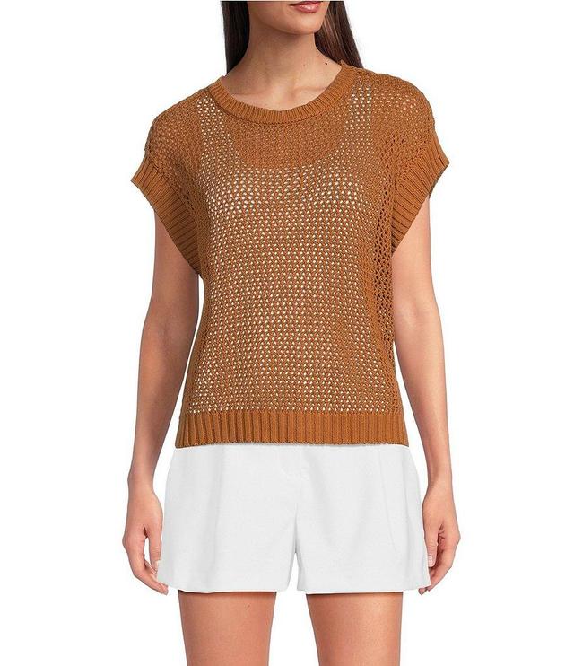 Vince Camuto Sweater Pointelle Crew Neck Short Sleeve Vest Product Image