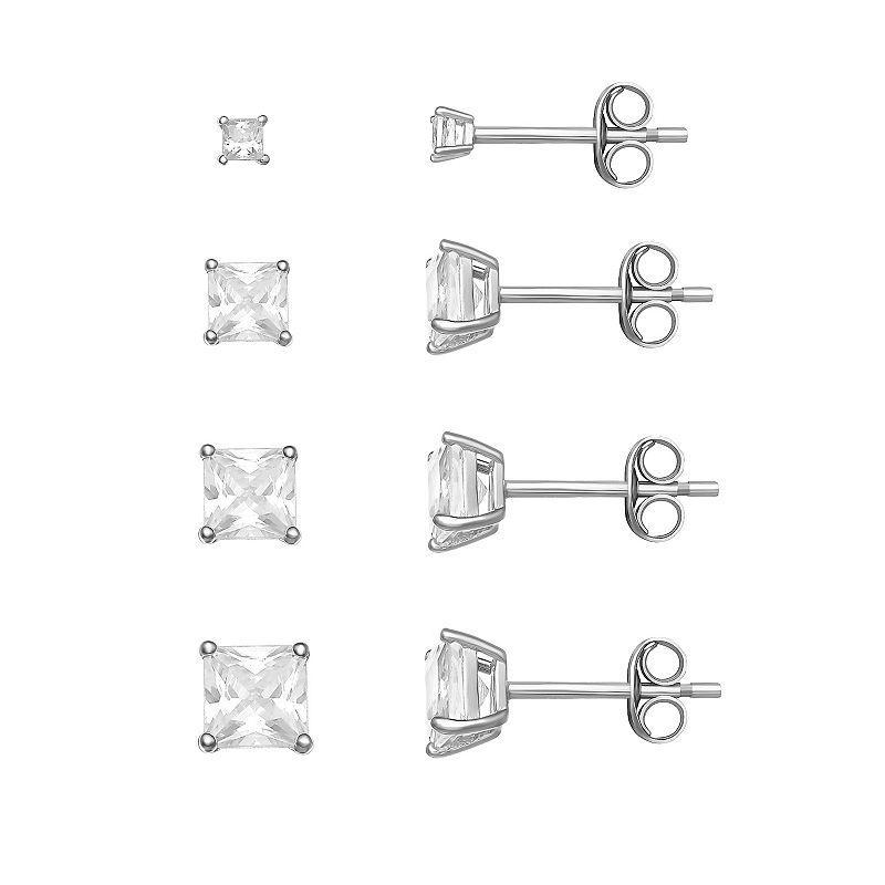 PRIMROSE Sterling Silver Cubic Zirconia Princess-Cut Graduated Stud Earring Set of 4, Womens Product Image