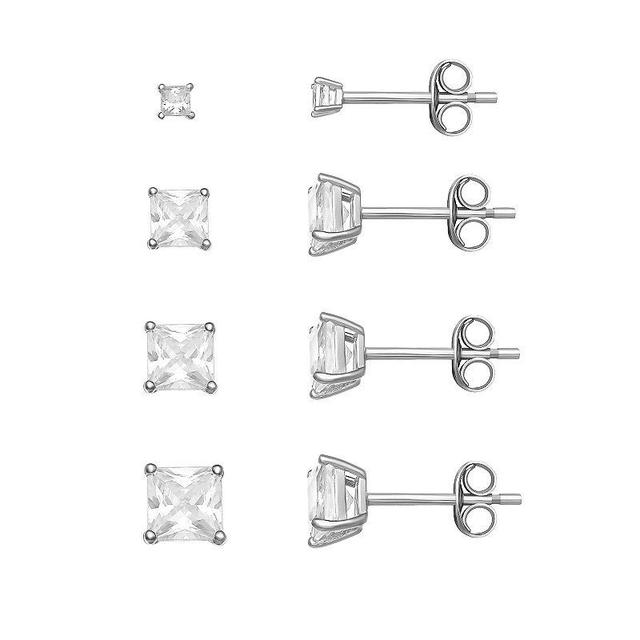 PRIMROSE Sterling Silver Cubic Zirconia Princess-Cut Graduated Stud Earring Set of 4, Womens Product Image