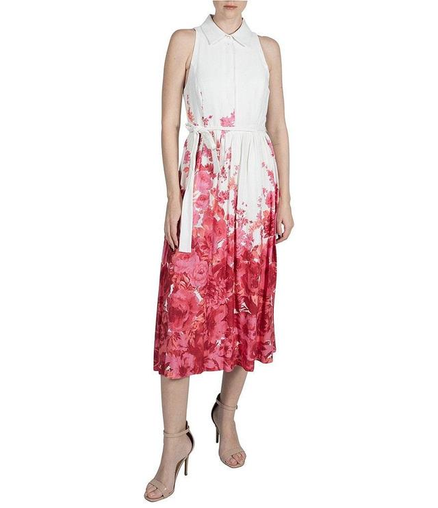 Julia Jordan Double Linen Floral Print Collar Neck Sleeveless Tie Front Midi Dress Product Image