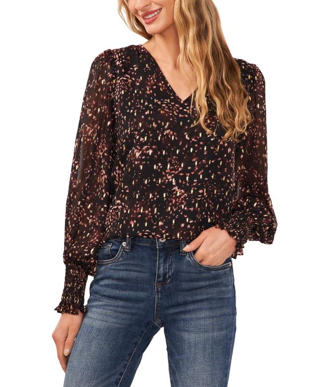 CeCe Womens Printed Long-Sleeve V-Neck Blouse Product Image